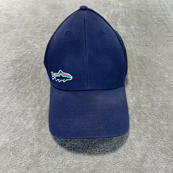 Vintage Patagonia Hat Mens Blue Fish Trout Logo Mesh Trucker Organic Cotton Cap - Picture 1 of 3